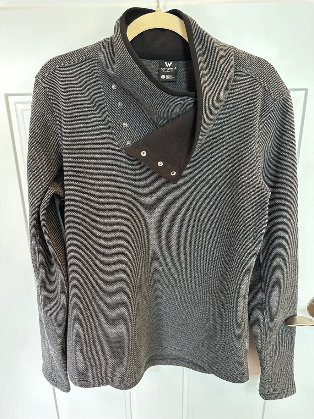 White Sierra Women's Charcoal Snap-Trim Shawl Neck Sweatshirt Top Large Thumb